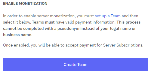 Enable monetization Discord create Team