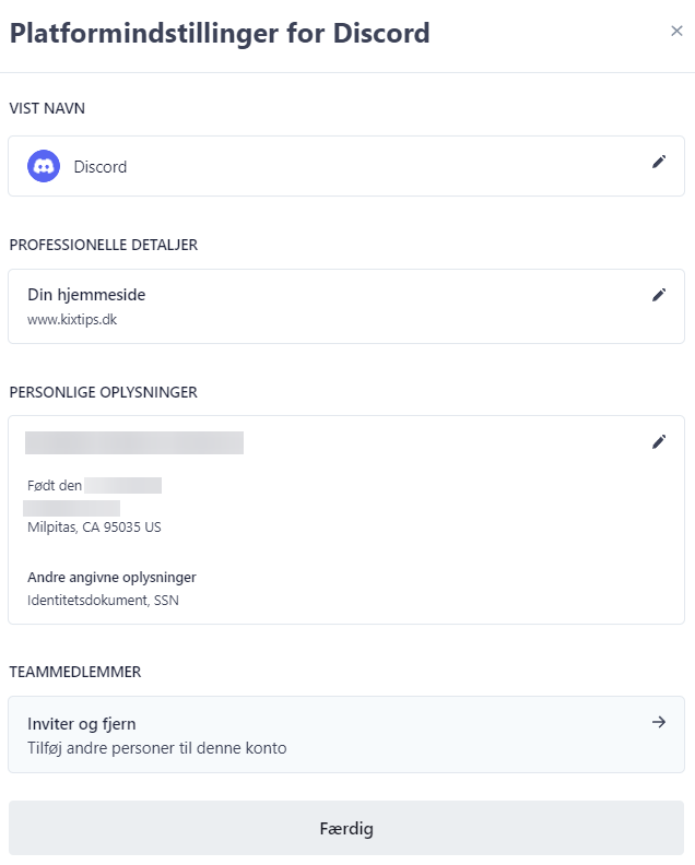 Platform settings for Discord on Stripe edit settings