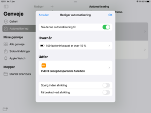 Automatisering: Når batteriet er >15, så deaktiveres Energibesparende funktion
