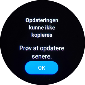 Opdatering kunne ikke kopieres. Prøv at opdatere senere. Ok.