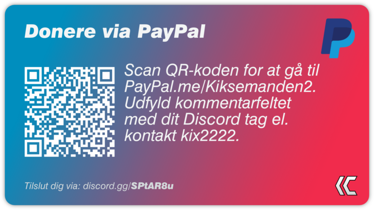 Donere via PayPal. Scan QR koden for at gå til PayPal.me/Kiksemanden2. Udfyld kommentarfeltet med dit Discord navn eller kontekt kix2222