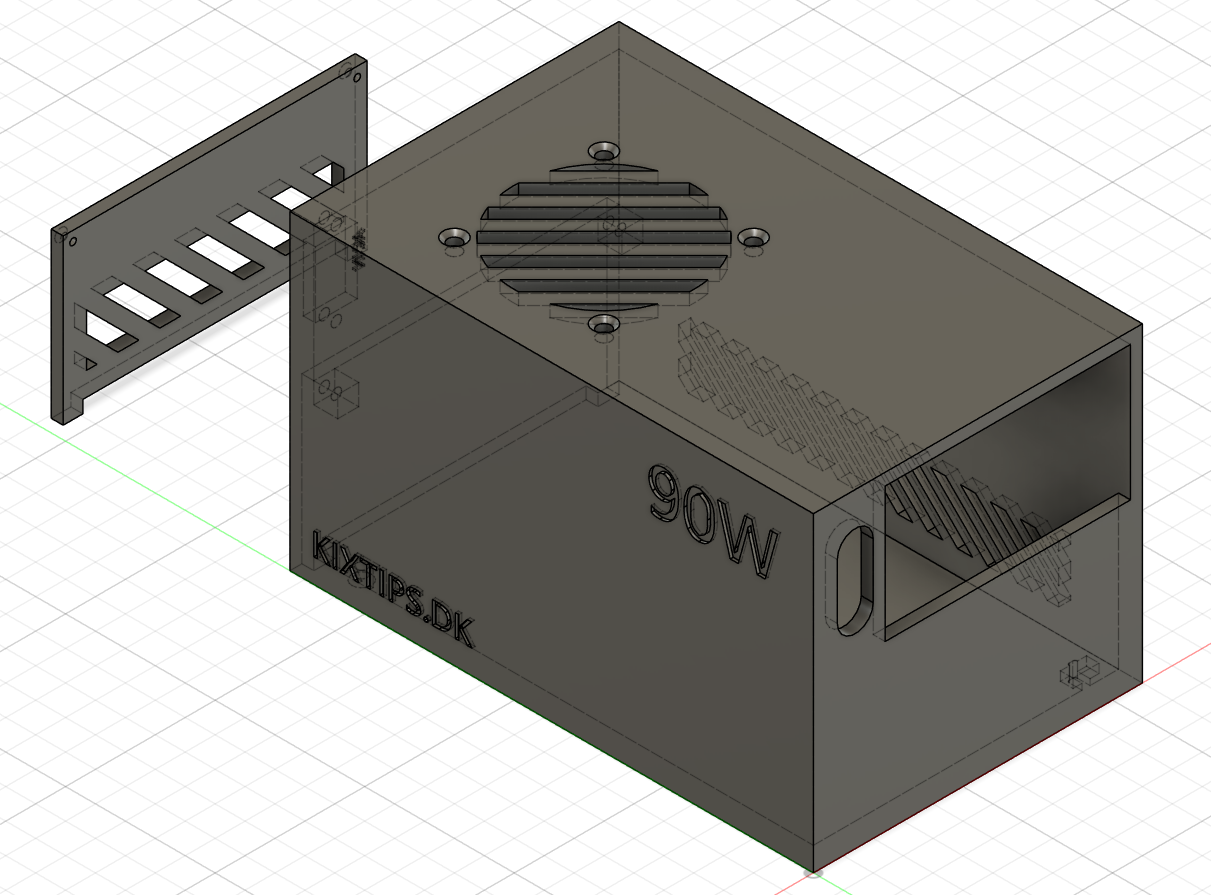 3D-model af kassen og beslaget, forfra