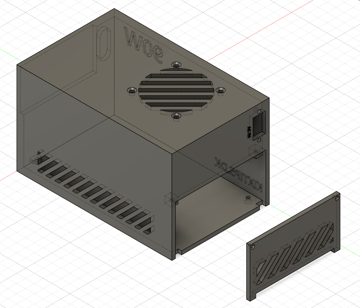 3D-model af kassen og beslaget, bagfra