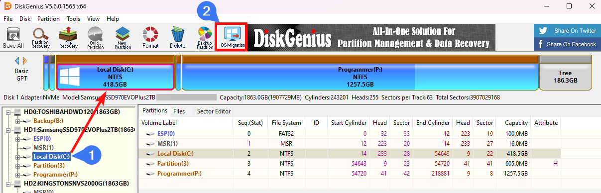 DiskGenius klik på lokal disk og klik dernæst på OS Migration