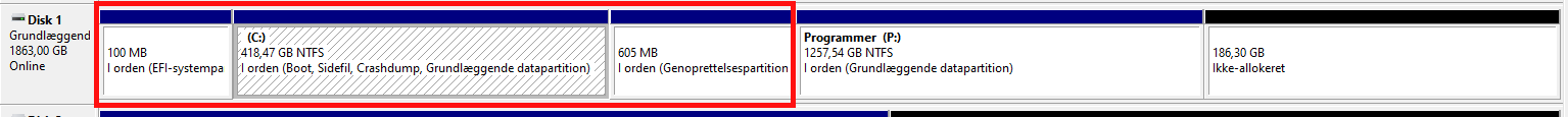 Diskhåndtering. Disk 1 med Windows partitioner
