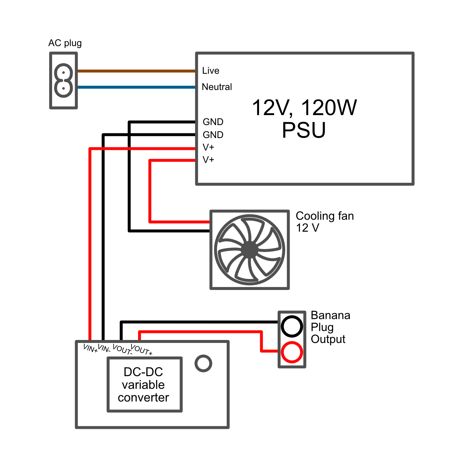 Ledningsdiagram viser det elektriske kredsløb i den variabel strømforsyning.