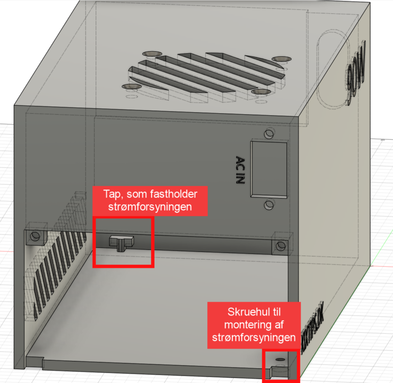 3D model af kassen viser tap og skruehul til montering af strømforsyningen