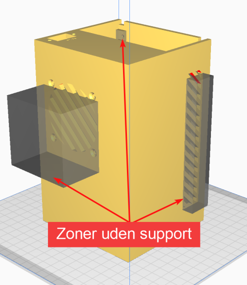 Klargøring af 3D-modellen i slicer-programmet “Cura”. På modellen er der opsat “no support-zoner”